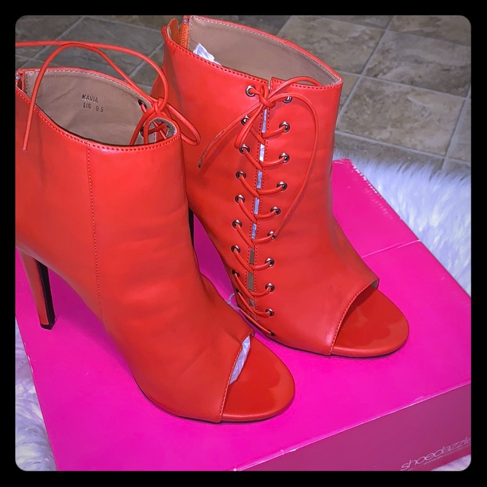 Orange open toe booties